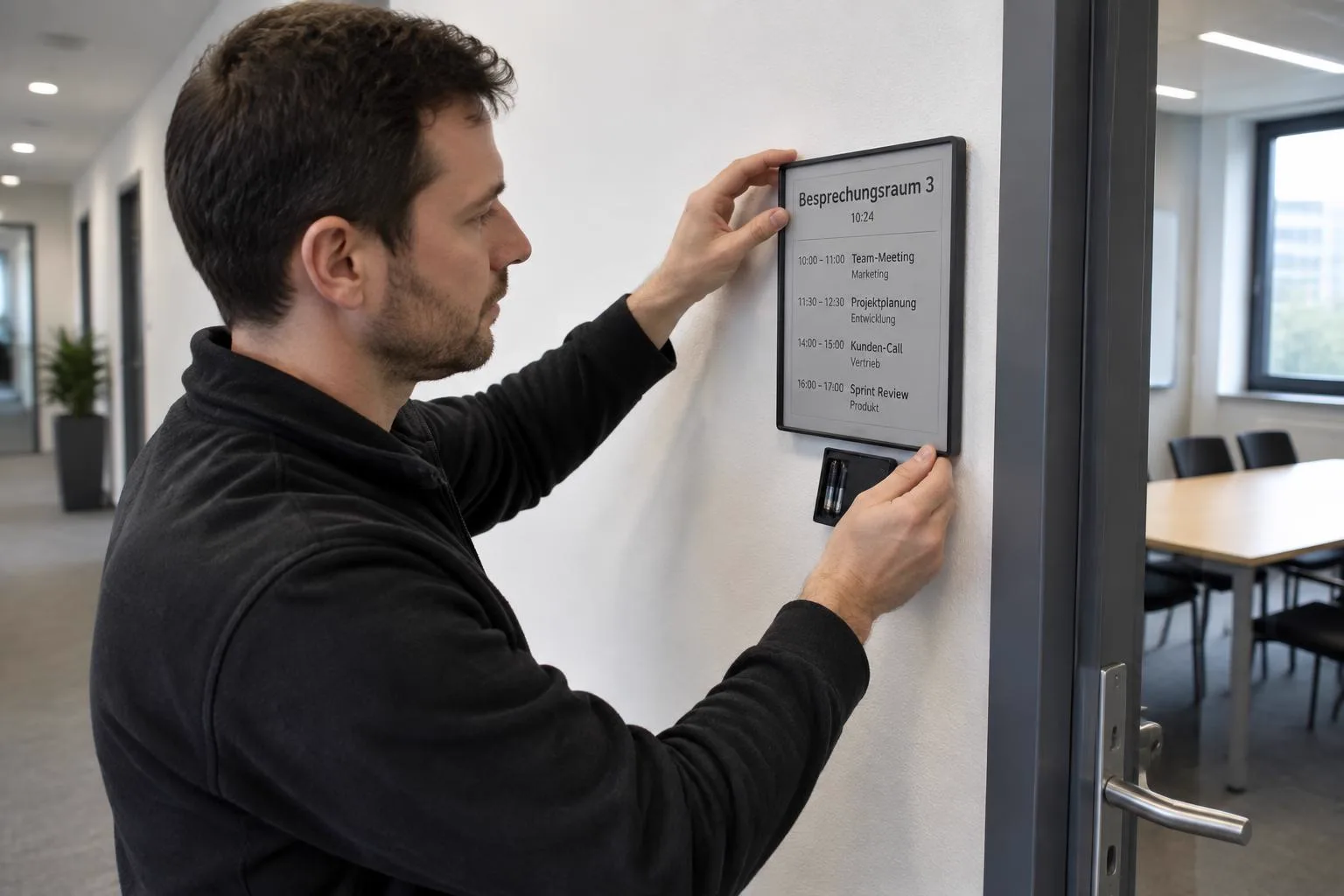 E-Paper-Display bei der kabellosen Montage einer Anzeigetafel