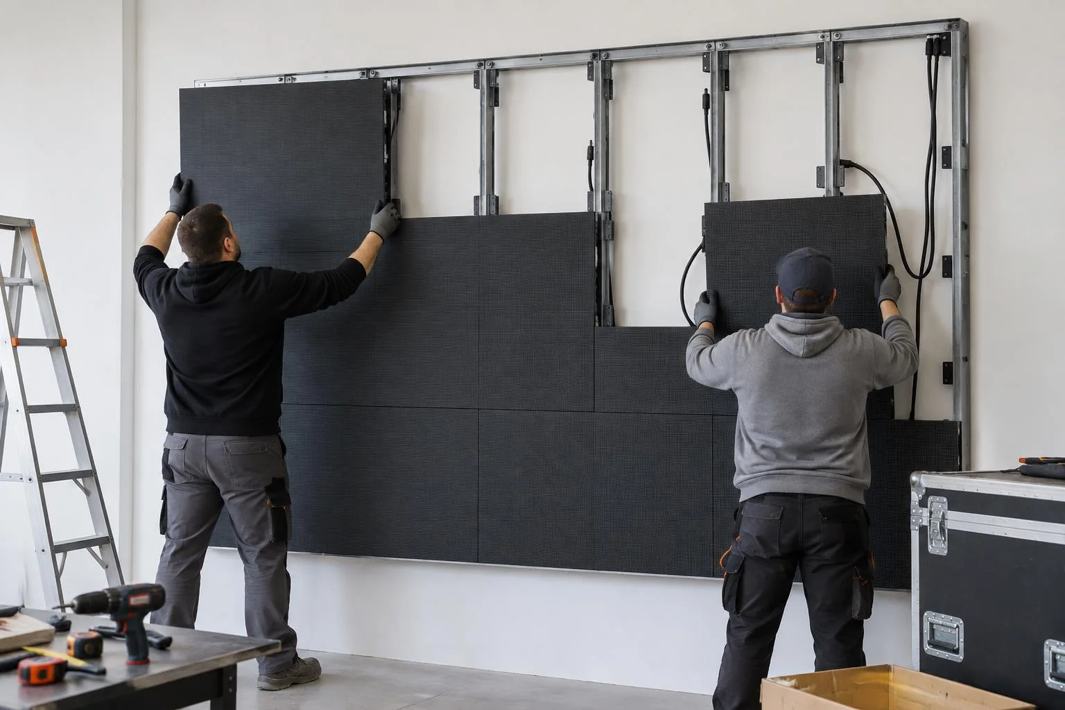 Indoor LED-Wand bei der präzisen Modulmontage