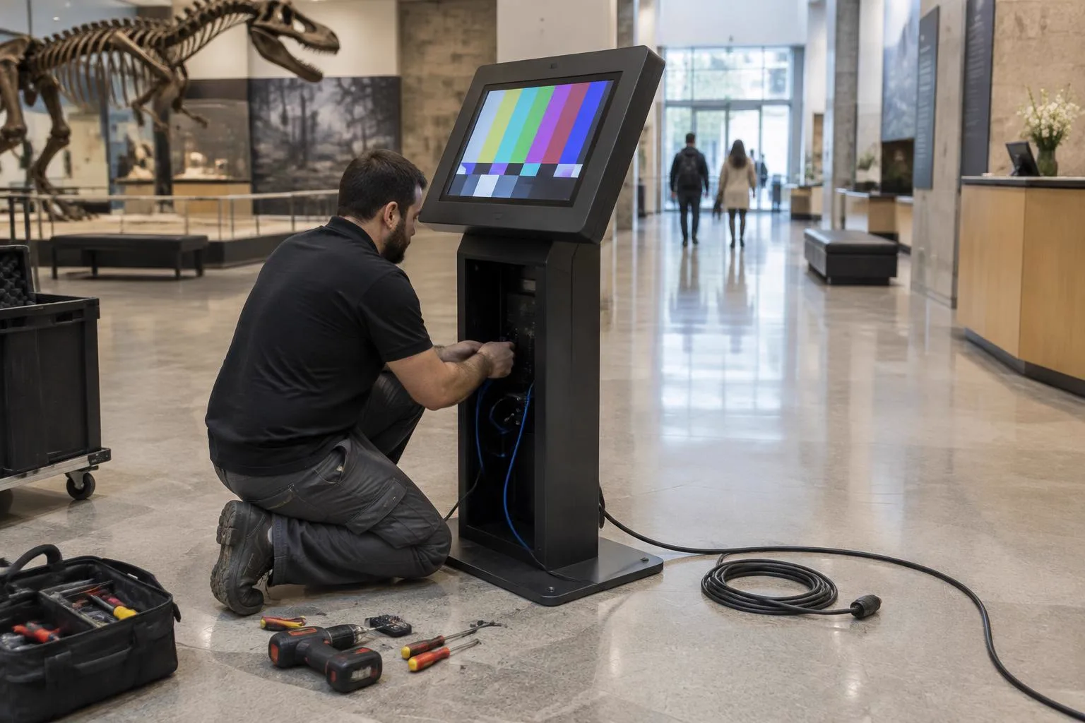 Touch-Kiosk und Self-Service-Terminal bei der Installation eines Museumsterminals