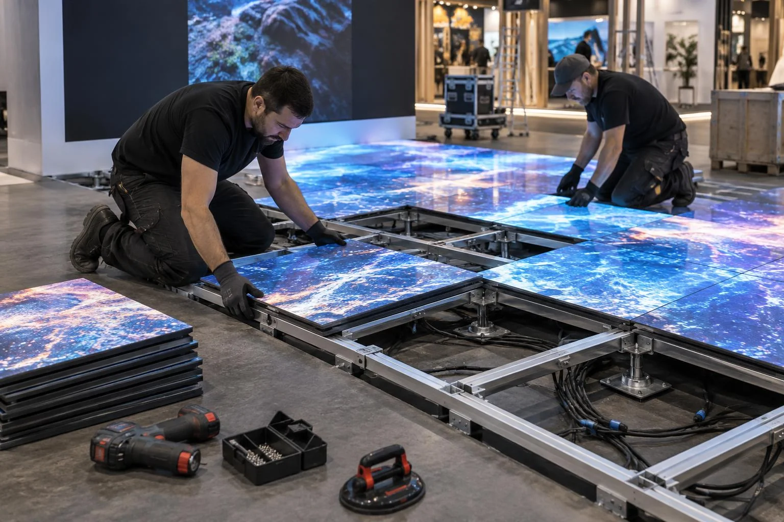 Interaktiver LED-Boden bei der tragfähigen Modulmontage