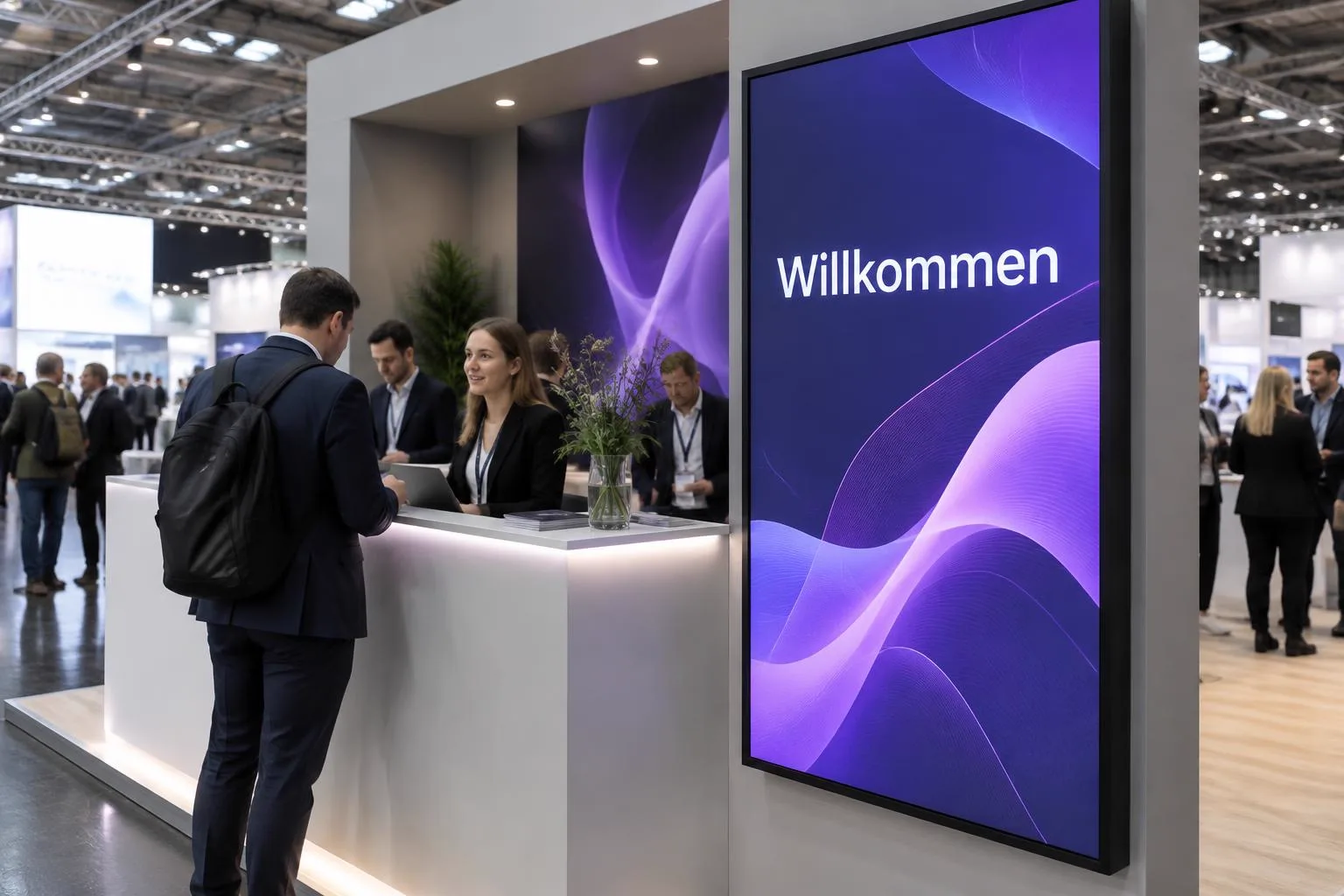 Digitales LED-Poster – als digitale Beschilderung auf einem Messestand Digitales LED-Poster als digitale Beschilderung auf einem Messestand