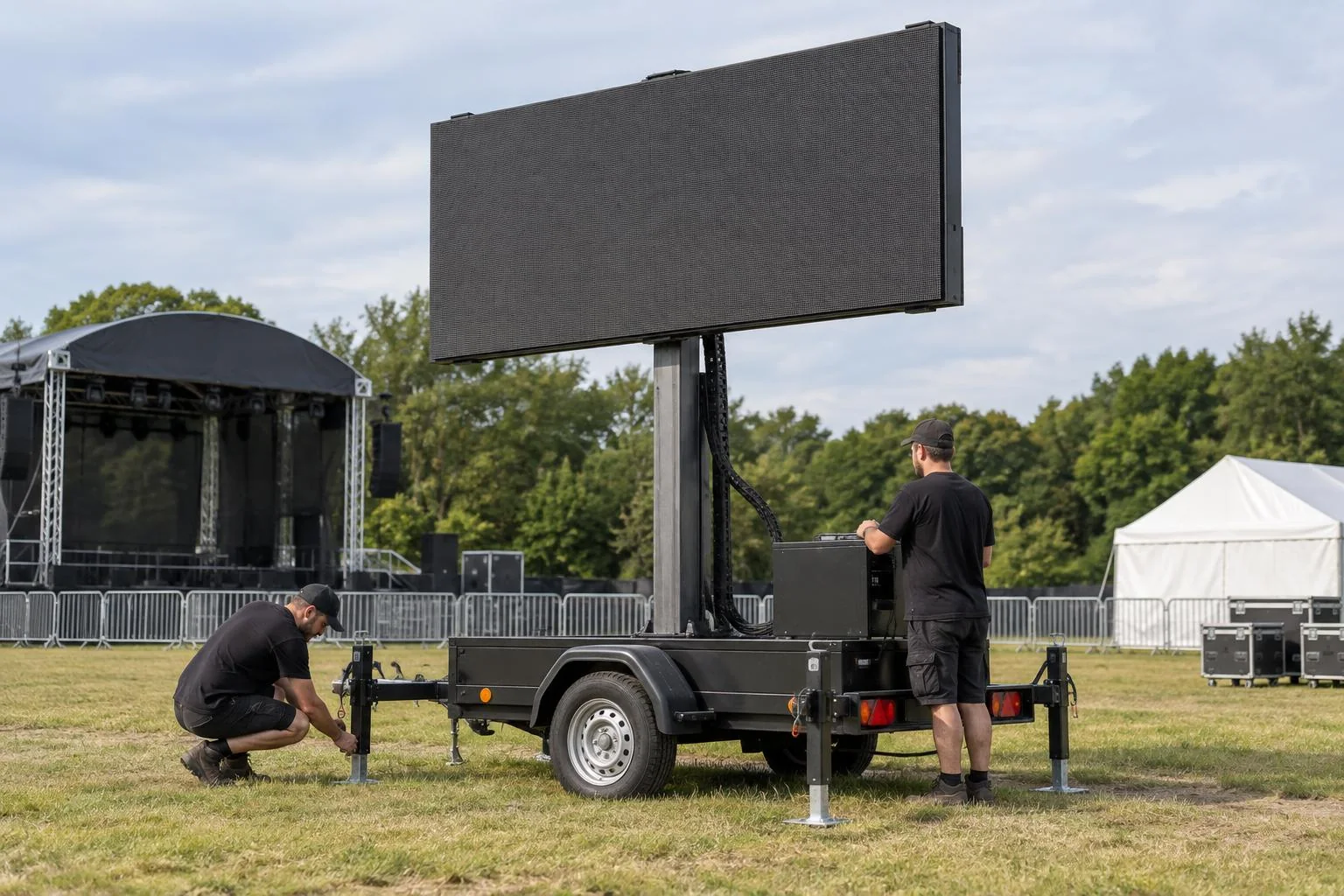 Mobile LED-Wand – beim sicheren Aufbau des LED-Trailers Mobile LED-Wand beim sicheren Aufbau des LED-Trailers