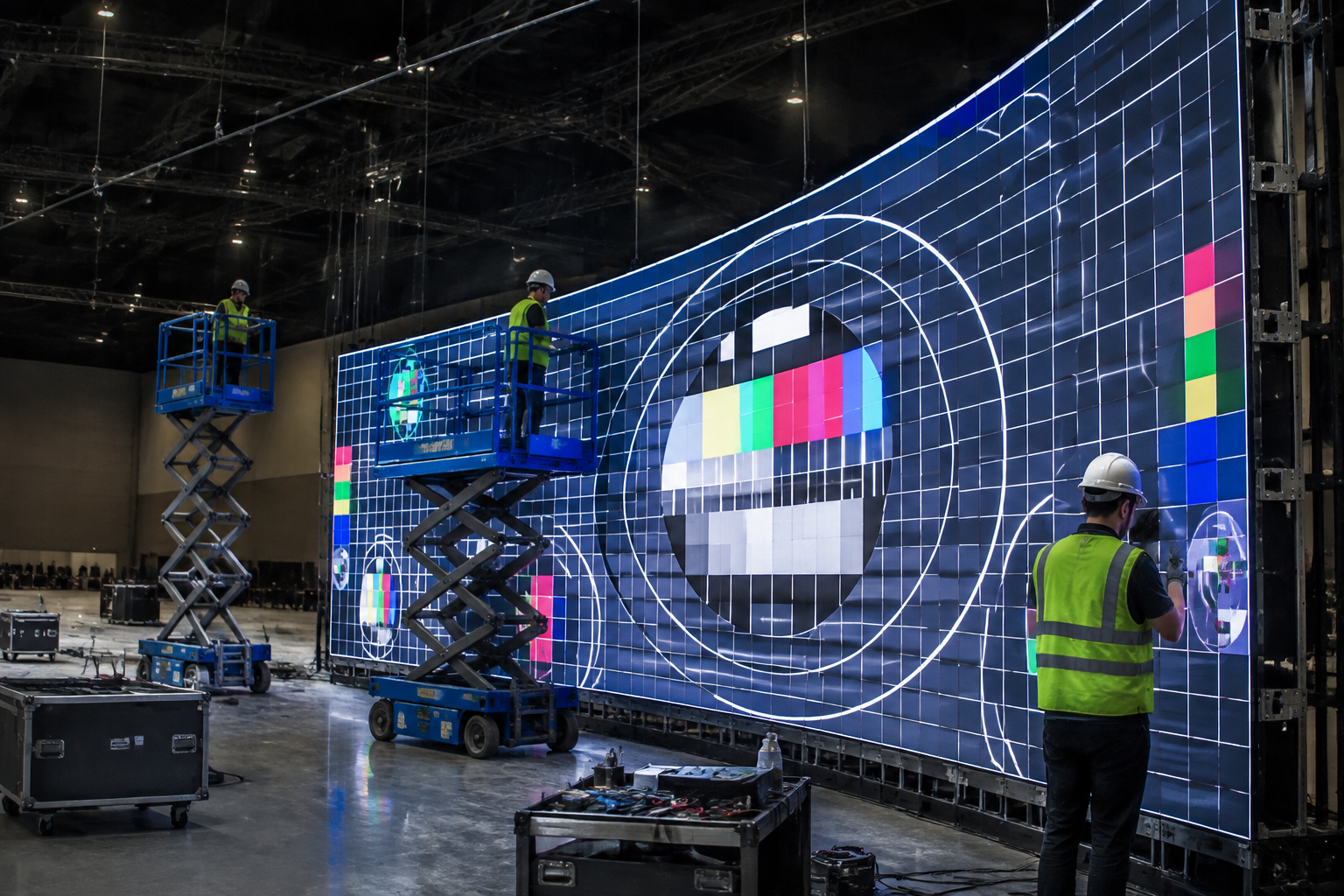 Naked-Eye-3D-LED-Bildschirm bei der Montage einer gebogenen LED-Fläche