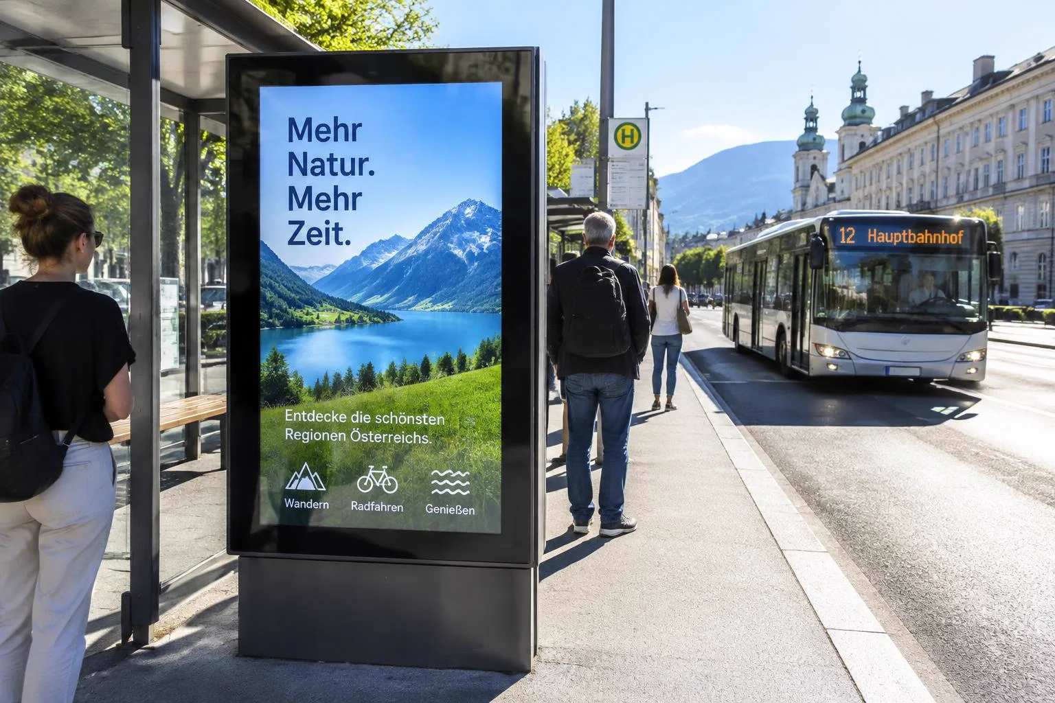Outdoor LCD-Hochhelligkeitsdisplay als sonnenlesbare Stele an einer Haltestelle