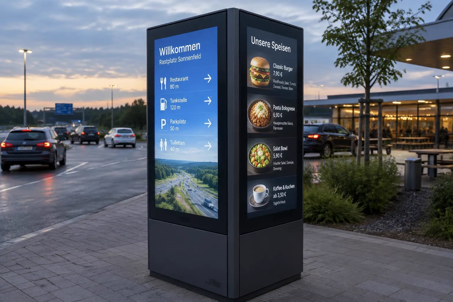Outdoor LCD-Hochhelligkeitsdisplay als doppelseitige digitale Stele an einem Rastplatz