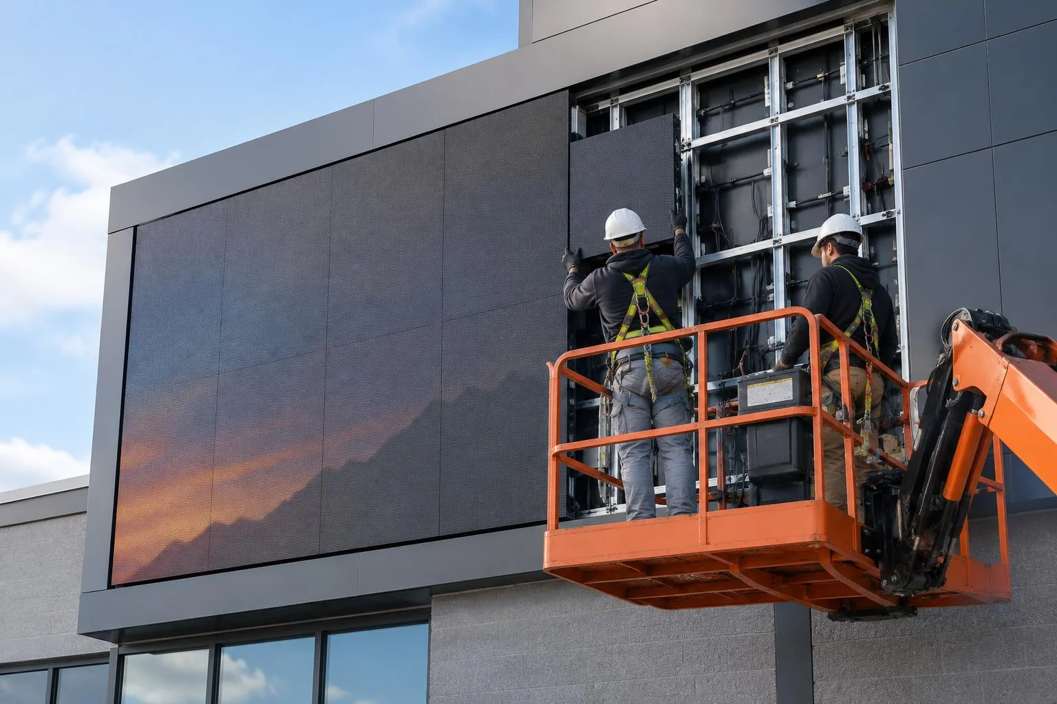 Outdoor LED-Bildschirm – bei der wetterfesten Fassadenmontage Outdoor LED-Bildschirm bei der wetterfesten Fassadenmontage