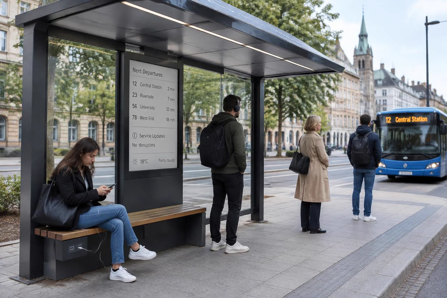 Smart-City-Display in einer solarbetriebenen Buswartehalle