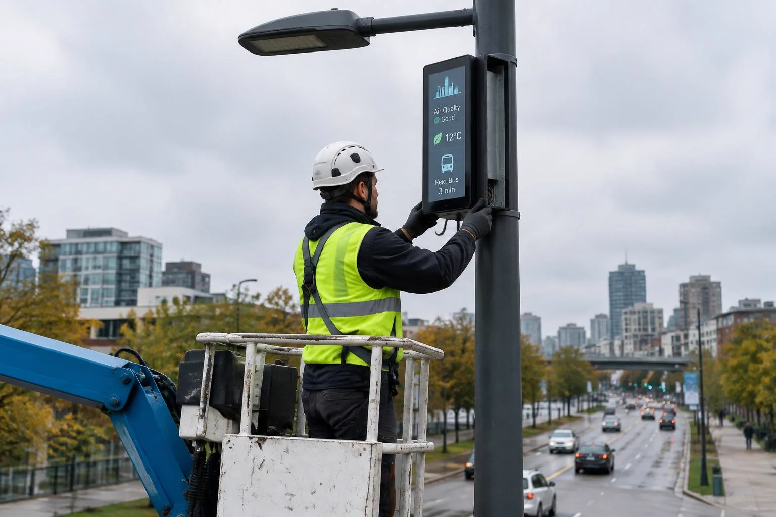 Smart-City-Display bei der Montage an einem Lichtmast
