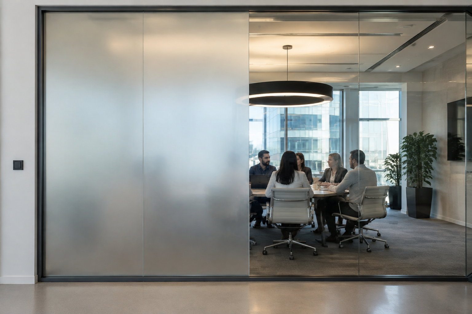 Schaltbares Smart Glass beim Wechsel zwischen transparent und blickdicht
