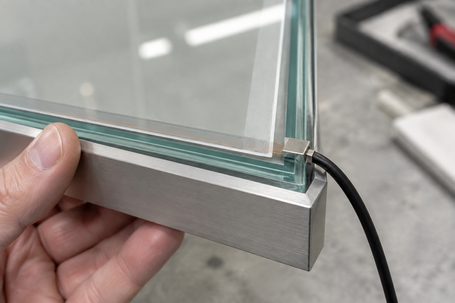 Schaltbares Smart Glass mit sauber ausgeführtem Folienanschluss