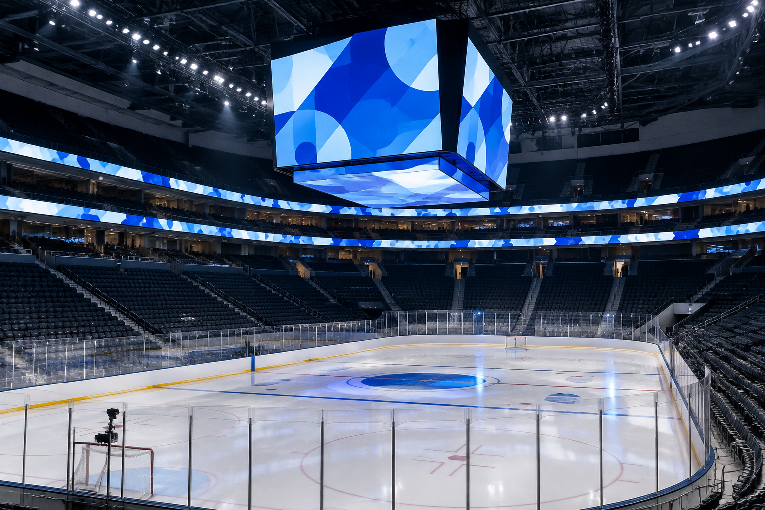 Stadion-LED-Bildschirm als zentraler Videowürfel in einer Sporthalle