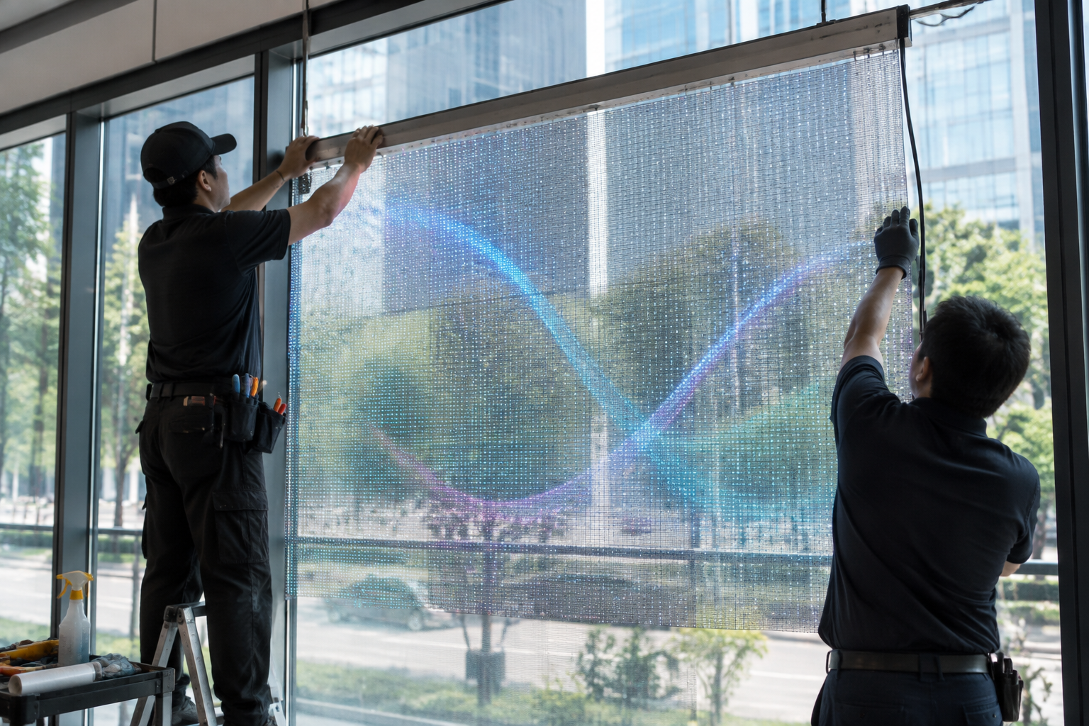 Transparente LED-Folie bei der direkten Montage auf Glas