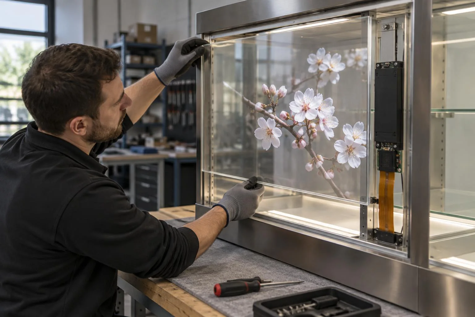 Transparentes OLED-Display bei der Integration in eine Vitrine