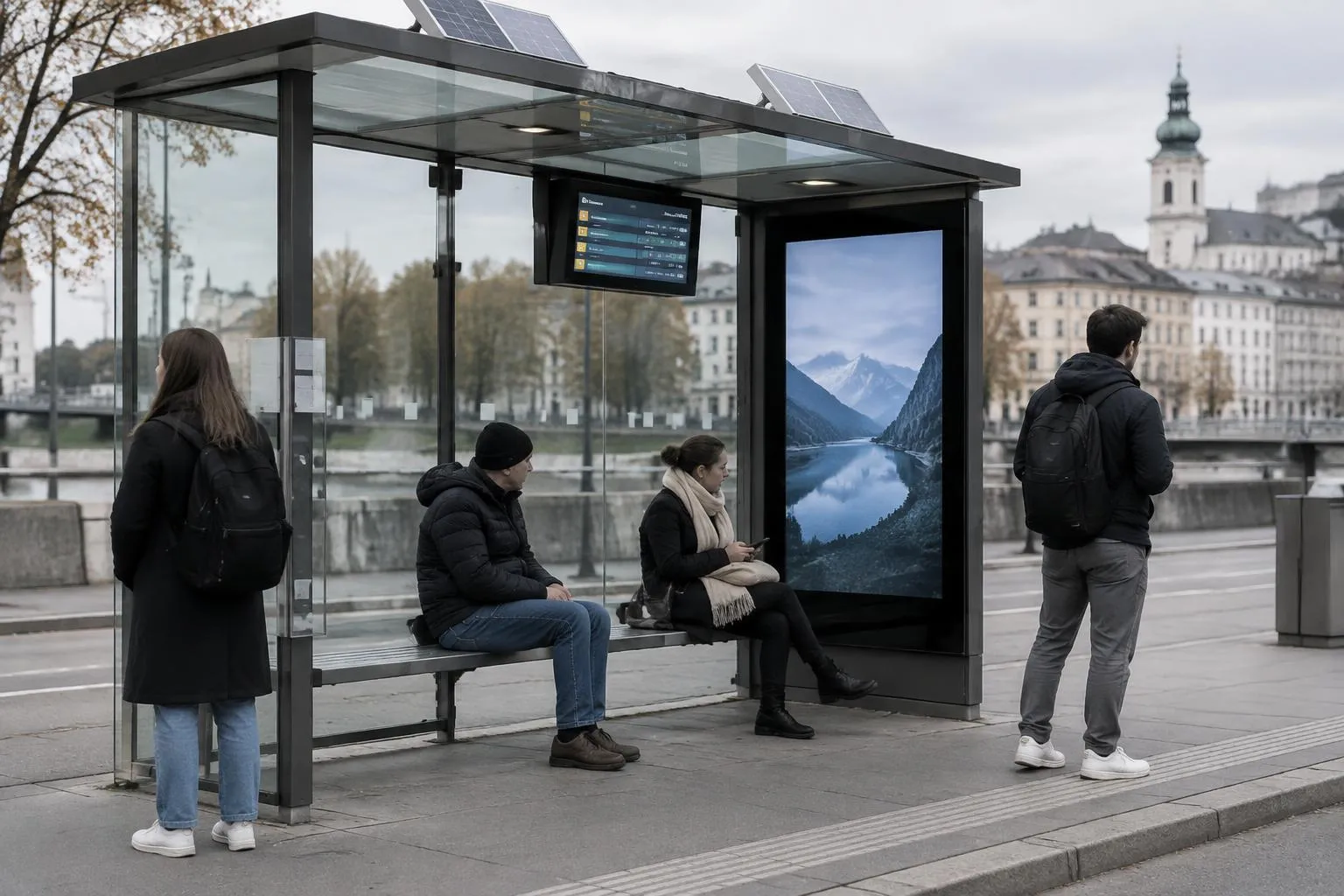 Digitale Buswartehalle mit Echtzeit-Abfahrtsanzeige in Wien und Österreich Digitale Buswartehalle mit Abfahrtsanzeige an einer Bushaltestelle in Wien — Anwendungsbeispiel