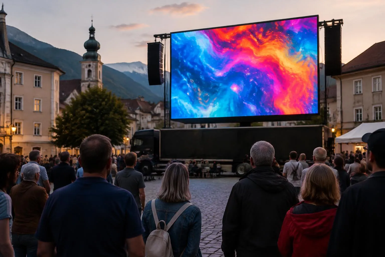 Mobiler Großscreen (LED-Trailer) in Wien und Österreich Mobiler Großscreen (LED-Trailer) bei einer Veranstaltung in Österreich — Anwendungsbeispiel