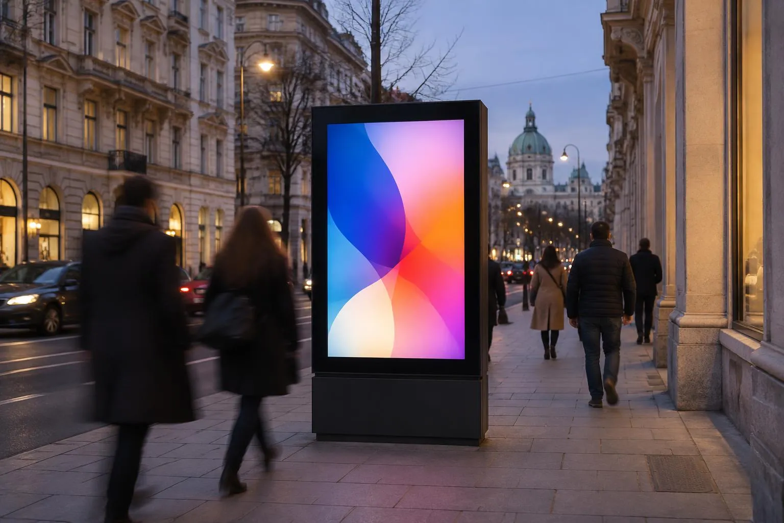 Digitale MUPI & City-Light-Stele in Wien und Österreich Digitale MUPI-Werbestele (City Light) in einer österreichischen Stadt — Anwendungsbeispiel digitale Außenwerbung